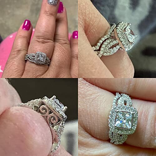 Four views of a diamond engagement ring on a hand