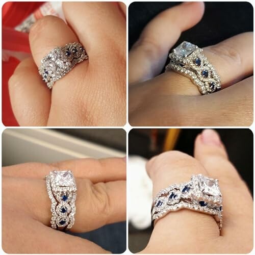 Collage of a diamond and sapphire engagement ring on a hand.