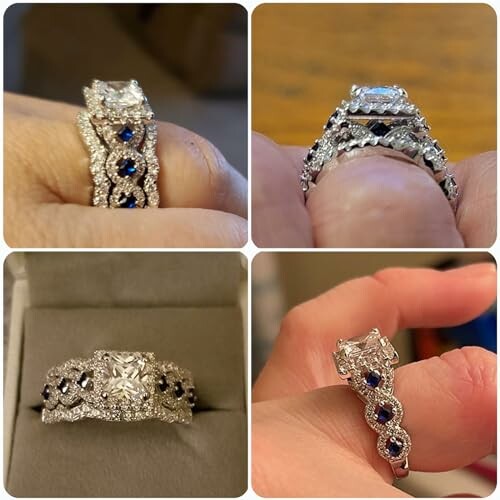 Collage of diamond and sapphire rings with intricate designs.