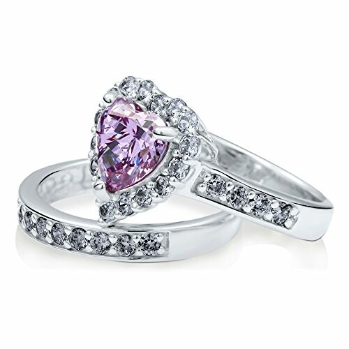 Silver rings with heart-shaped purple gemstone and clear stones