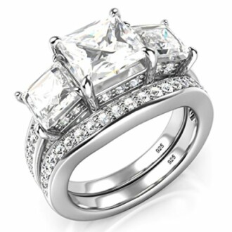 Sterling Silver 3 Carat Princess Cut CZ Wedding Engagement Ring Set